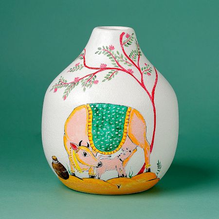 Handcrafted Ceramic Pattachitra Kamdhenu Sacred Cow Decorative Vase